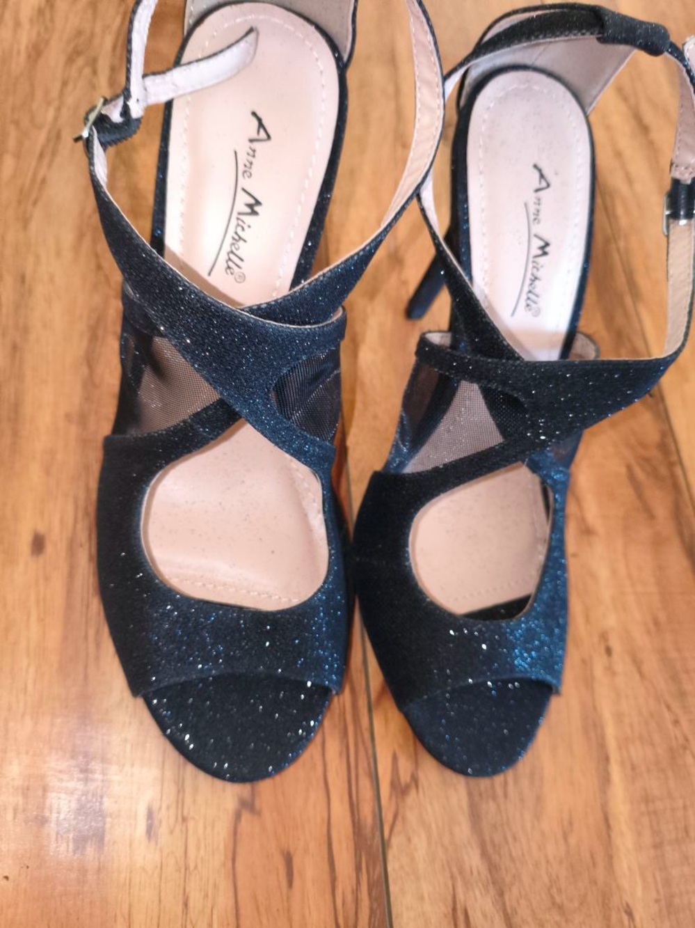 Anne Michelle Black Glitter Crisscross Open-Toe Heels